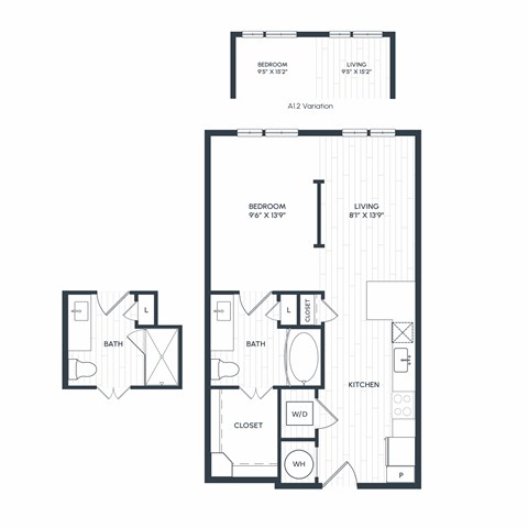 Floor plan for 1 bed, 1 bath, 614 sqft